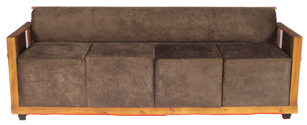SOFA EM MADEIRA SUEDE COM MINI PUFF 